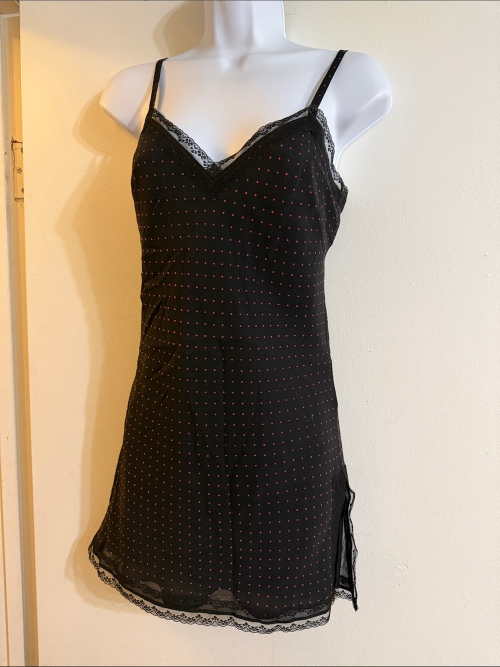 Vintage Y2K Express Black & Pink Polka Dot Lace Slip Dress Size Small